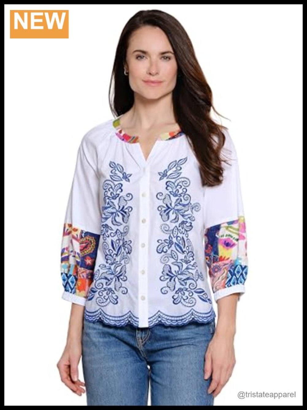 Embroidery Blouse with Lace Scalloped Hem and Blouson Sleeves